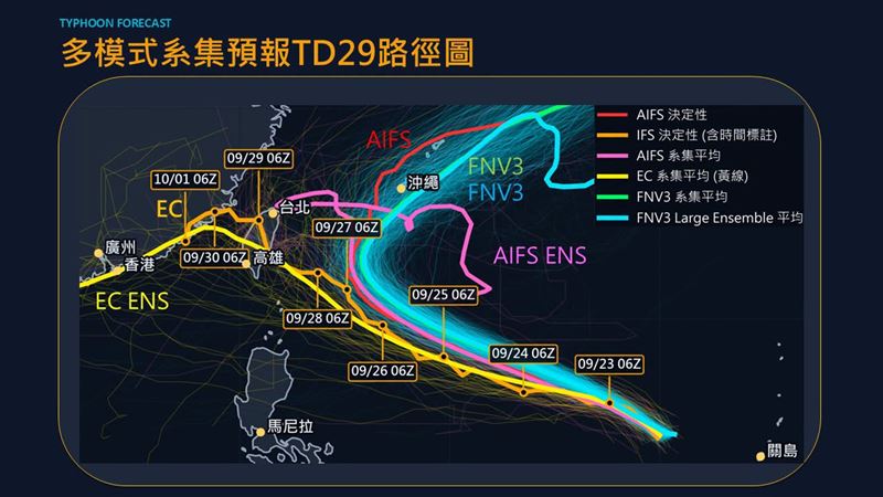 多模式系集預報TD29路徑圖。(圖/翻攝自賈新興臉書)