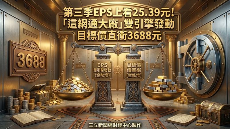 網通廠智邦(2345)在AI網通領域的成長力道持續發威,一家歐系外資近期出具報告表示,智邦800G交換器訂單能見度相當清晰,加上AI加速卡Trainium 3出貨動能加速放量,預估9月與第四季營收可望維持向上攻堅態勢,因此該外資對智邦維持「買進」評等,目標價設定在3688元。(圖/三立新聞網財經中心蕭榕AI製圖)
