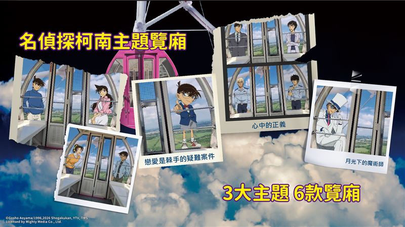 幸福摩天輪首波推出三大主題、共六款《名偵探柯南》角色覽廂,讓遊客在高空景色中與人氣角色近距離同框。(圖/飯店旅宿業者提供)