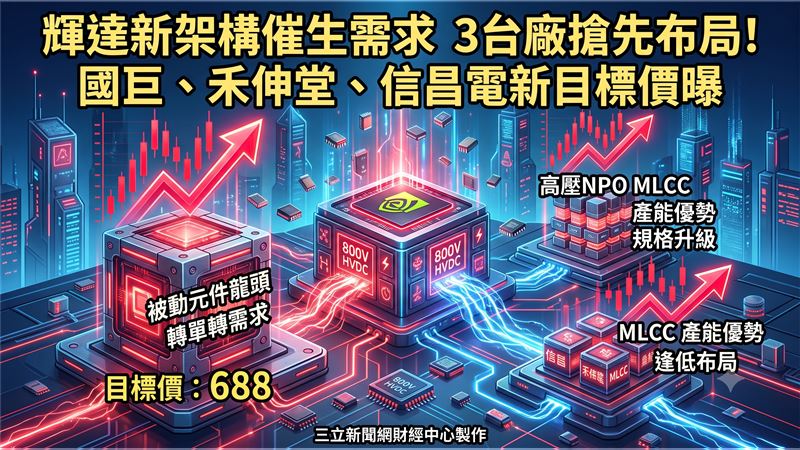 AI伺服器電源規格持續進化,NVIDIA力推800V HVDC供電架構,直接帶動NP0積層陶瓷電容新需求浮現。統一投顧研究部分析,禾伸堂與信昌電具備NP0產能優勢,可望受惠電源規格升級,惟股價已部分反映,建議拉回布局。國巨受惠日韓轉單效應與特殊品需求成長,統一投顧維持買進評等,目標價上看688元,後市動向備受法人關注