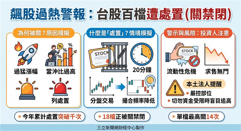 台股高檔震盪引發籌碼洗牌,上百檔熱門飆股因漲幅過猛與當沖比過高遭列處置名單,大量二等標的累計關禁閉次數創新高,分盤交易機制的流動性結冰風險正全面衝擊短線市場。(AI製圖)