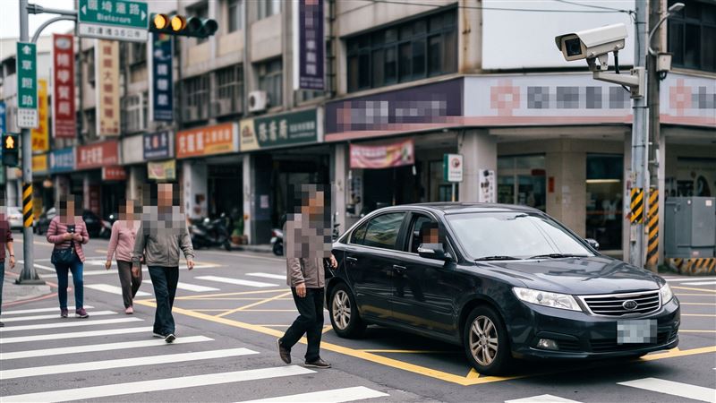 男子開車行經路口,轉黃燈時駛入,導致未暫停禮讓行人,遭科技執法拍照舉發。(示意圖/AI製圖)