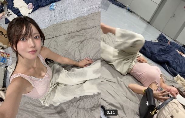 新聞出現「偶像女團睡地板」雪乃椛鈴抬腿畫面被讚爆。(圖/翻攝自X@雪乃椛鈴)