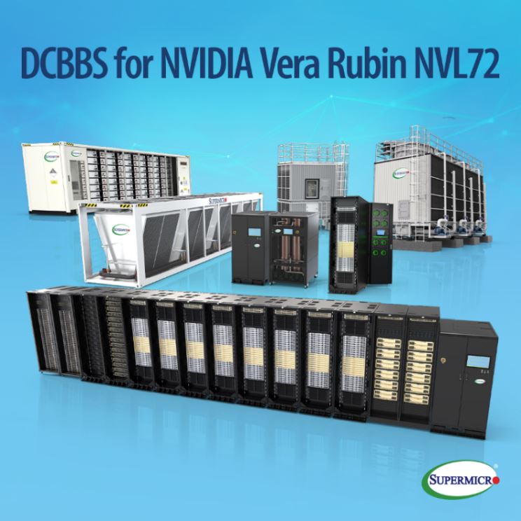 美超微宣布NVIDIA Vera Rubin NVL72機櫃出貨。Vera Rubin NVL72可擴充式運算單元的藍圖為例,以16組運算機櫃規模配備1152個NVIDIA Rubin GPU與331 TB的HBM4記憶體,並提供冷卻效能、電源供應器、高效能儲存、上下文記憶體儲存與網路架構。(圖/美超微提供)