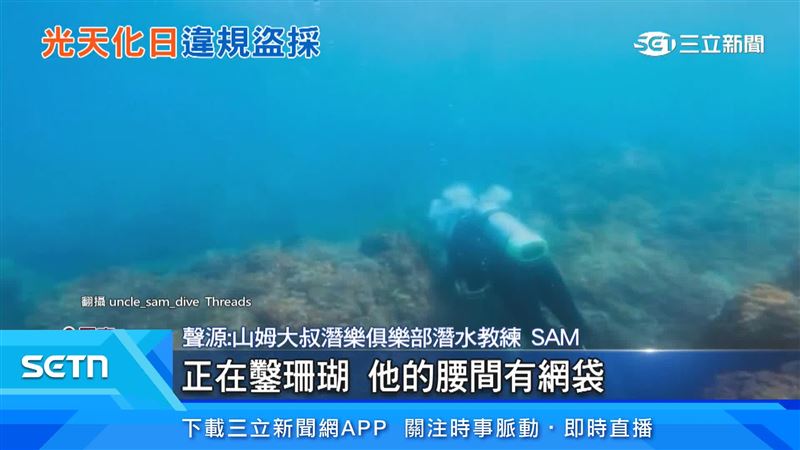 23日上午9點多,潛水教練發現男子疑似拿鐵鎚敲打珊瑚,腰間網袋還裝滿珊瑚石,察覺被發現後急忙穿梭礁石逃離。(圖/翻攝自Threads @uncle_sam_dive)
