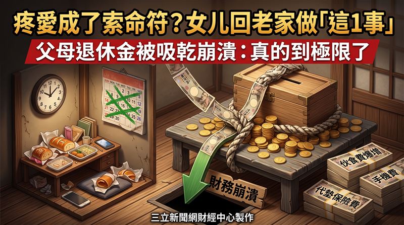父母基於親情,往往選擇相信孩子的說詞、多加包容,卻忽略了人性中可能潛藏的依賴與貪念,最後反倒把自己推進財務危機。日本一對67歲的退休夫妻就是這樣的例子,原本盤算靠年金與退休金安穩養老,卻因38歲次女返家,家計很快失衡,妻子更是情緒潰堤,喊出「真的已經到極限了」。(圖/三立新聞網財經中心莊佳芳AI製圖)