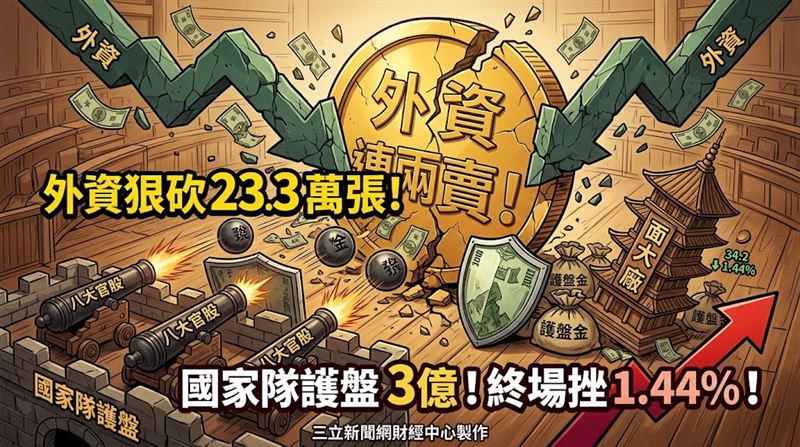 外資24日再狂砍友達(2409)7萬9999張,國家隊則又砸下3億114萬5982元、買進8858張予以護盤。友達股價在多空交戰之下,激烈震盪,最終在沉重賣壓的壓制下,仍下挫1.44%,以34.2元作收。(圖/三立新聞網財經中心莊佳芳AI製圖)