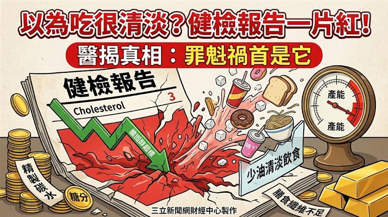 不少人紛紛改吃清淡,油炸食物敬謝不敏,紅肉也吃得少,沒想到健檢報告出爐,膽固醇數值仍舊居高不下,令人一頭霧水。減重醫師蕭捷健表示,這種狀況並不罕見,癥結多半不在飲食夠不夠清淡,而是整體飲食的搭配方式出現盲點。(圖/三立新聞網財經中心莊佳芳AI製圖)