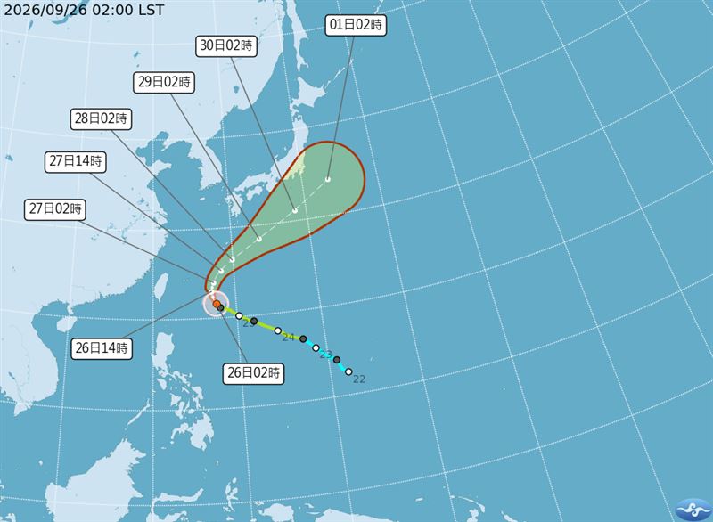 舒力基預計今日北轉挑戰中颱,對台灣無影響。(圖/翻攝自中央氣象署)
