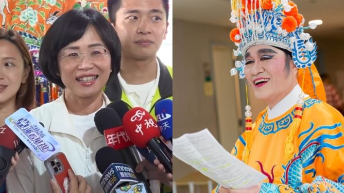 李四川(右)PO穿歌仔戲服扮皇帝照片,蘇巧慧(左)也被媒體詢問是否粉墨登場?(組合圖/翻攝畫面,李競辦提供)