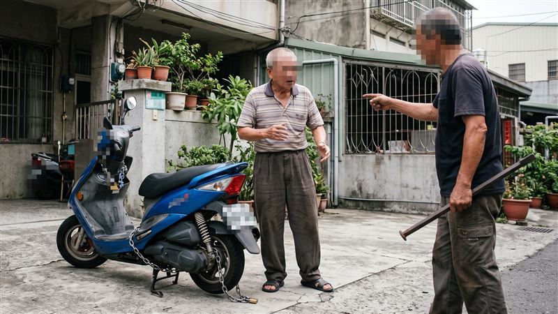 鄰居因停車糾紛撕破臉,演變成當面辱罵,還以鐵鍊纏繞邱男機車前、後輪並鎖上龍頭。(示意圖/AI製圖)