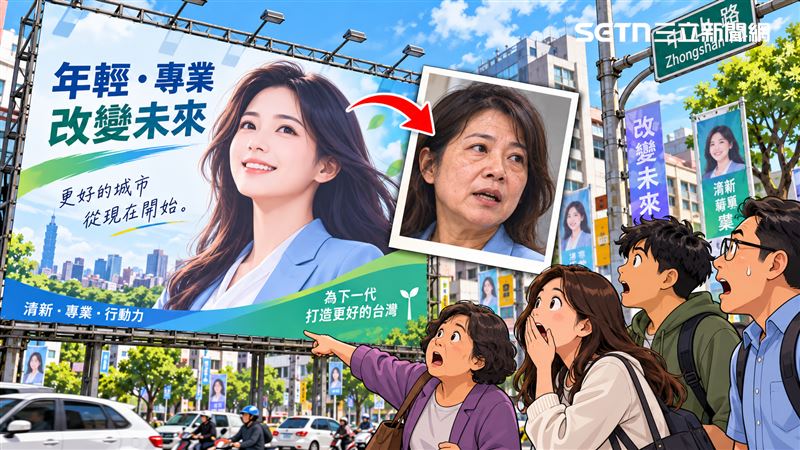 年底將迎來九合一大選,路上經常可以看到選舉廣告看板,有些候選人被發現「修圖差很大」。(AI示意圖/編輯陳慈鈴設計)