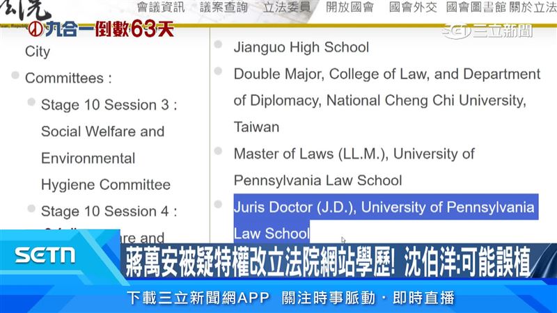 律師林智群質疑蔣萬安立法院英文學歷資料，原先列為SJD，近日頁面則改為JD，引發外界質疑是否涉及資料更動