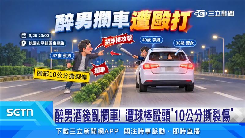 桃園中秋烤肉衝突,蔡姓男子酒後跑到馬路上攔車,遭對方持球棒攻擊,頭部留下10公分撕裂傷
