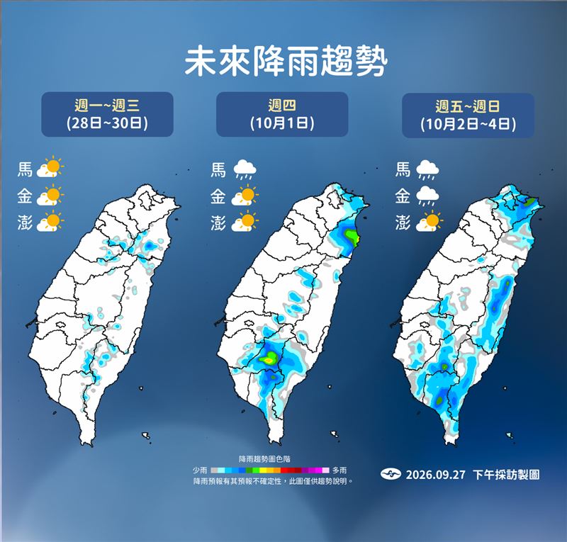 本週降雨趨勢。(圖/中央氣象署)