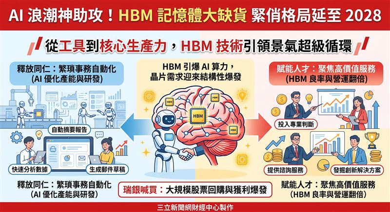 瑞銀最新研報指出，受惠於HBM高景氣與存儲供不應求，記憶體缺口恐延續至2028年。法人全面上調美光獲利與目標價至1,625美元，並看好大規模股票回購計畫將登場，帶動營運翻倍爆發。（AI製圖）