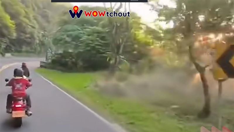 一名紅牌重機騎士於北宜公路騎車時,在過彎之際摔車,之後連人帶車墜落邊坡。(圖/翻攝Threads@bomb_eson、WoWtchout-地圖型行車影像分享平台)