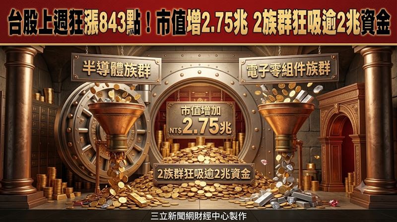 上週加權股價指數上漲843.85點,漲幅約為1.79%,上市股票總市值達157.08兆元。(圖/三立新聞網財經中心蕭榕AI製圖)