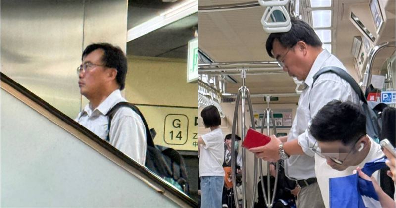 讀者在台北捷運上巧遇投資專家謝富旭，他背著後背包搭車，看來不只懂開源也很會節流。（圖／讀者提供）