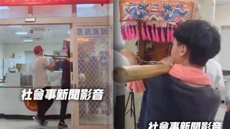 赤坎派出所26日晚間8時許遭赤慈宮陣頭闖入,影片中只見神轎一路直奔戒護區,喊要祭改、淨化。(圖/翻攝自社會事新聞影音)