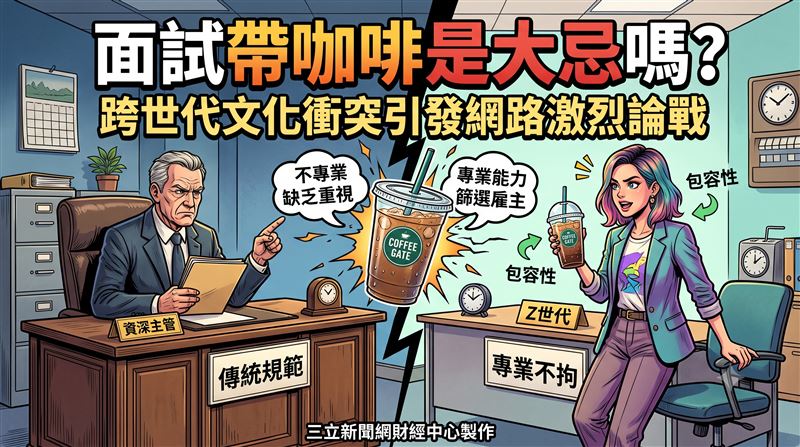一名招聘公司的執行長,在社群平台TikTok上發布了一段建議求職者「不要帶冰咖啡進入面試現場」的影片,卻意外在網路上引爆跨世代的激烈論戰。(圖/三立新聞網財經中心莊佳芳AI製圖)