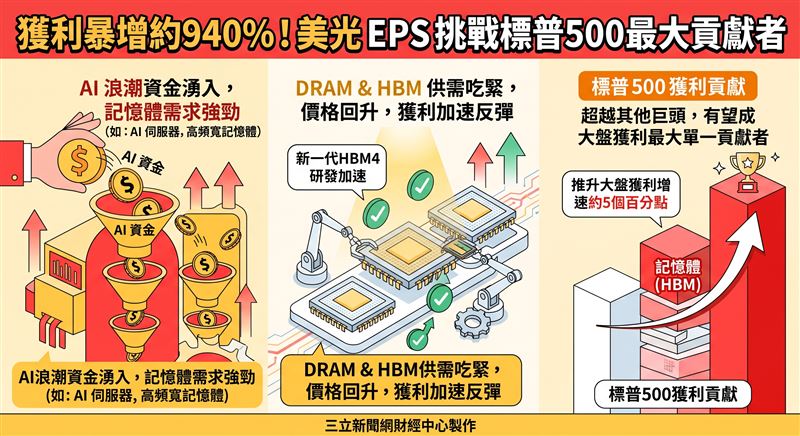 美光本週將公布財報,預估上季每股盈餘暴增約940%,有望超越輝達成為標普500指數獲利增長最大貢獻者。在AI記憶體需求帶動下,其獲利表現已成為牽動美股走勢的重要變量。(示意圖/PIXABAY)