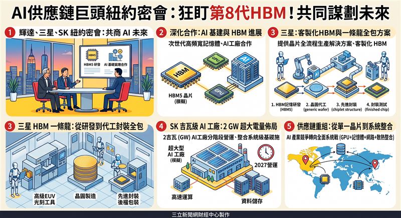 黃仁勳28日紐約會晤三星與SK掌門人,深化HBM與AI基建合作。三星拚記憶體到代工全流程包辦,SK則強攻2吉瓦AI工廠。三巨頭時隔兩月再聚,牽動全球AI供應鏈重組。(AI製圖)