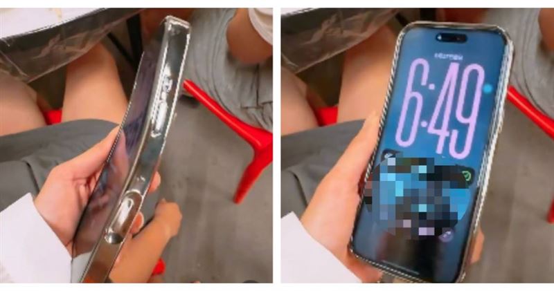 女子摔車後發現iPhone 18整支機身彎成弧形,沒想到螢幕及功能仍可正常使用,誇張模樣引發網友熱議。(圖/翻攝自Threads,ivy0910授權提供)