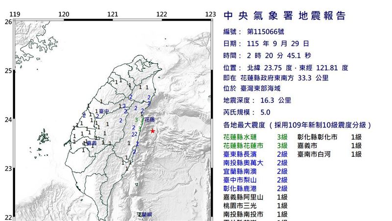 東部海域02：20規模5地震！13縣市有感