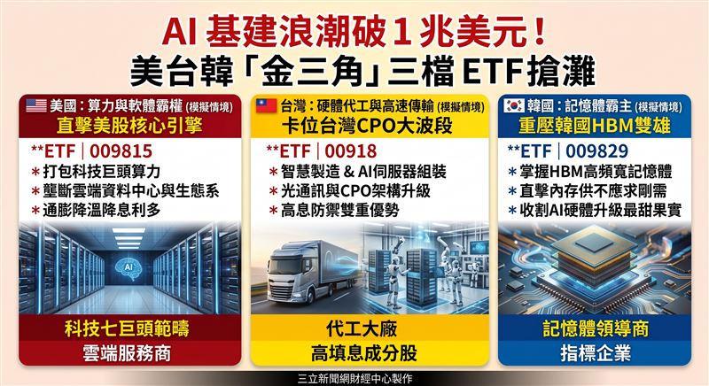 總經變數頻傳,AI基建卻逆勢爆發。瑞銀估2026年全球AI資本支出將逼近1兆美元,其中九成增量靠記憶體帶動。美台韓分掌算力、代工與HBM霸權,法人建議以009815、00918及009829三檔ETF佈局跨國金三角,取代單壓個股以抵禦震盪。(AI製圖)