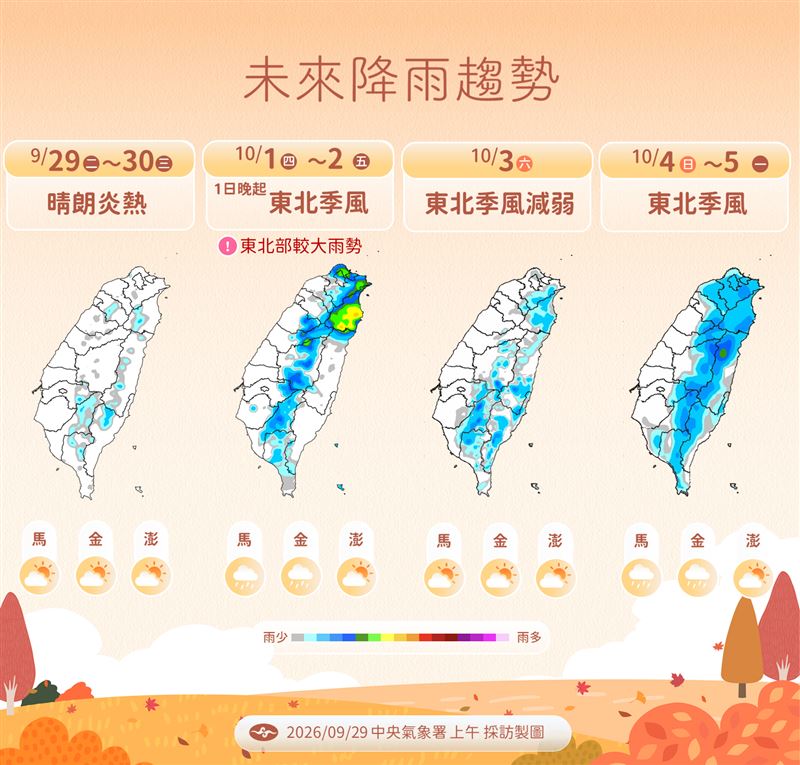 週四東北季風報到,東北部要留意較大雨勢。(圖/氣象署)