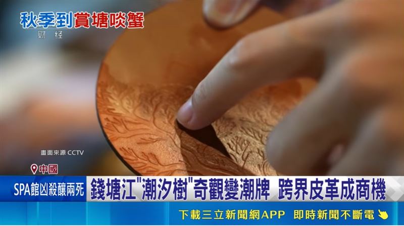 來自錢塘江大潮的「潮汐樹」紋理,被業者印製在皮革等飾品上。(圖/CCTV)