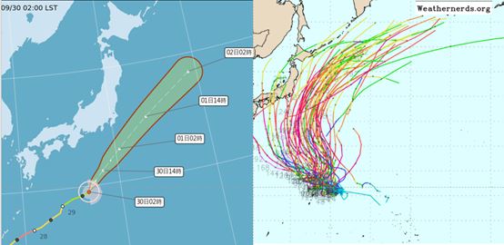 氣象署路徑潛勢預測圖顯示,第25號輕颱舒力基在日本南方海面,向東北加速前進,持續減弱中(左)。歐洲模式系集模擬顯示,關島東方有熱帶系統醞釀,將發展為大型颱風;模擬路徑以偏北機率最高。(右圖/擷自weathernerds)