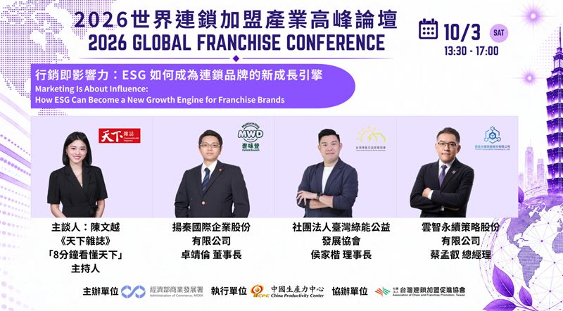 2026世界連鎖加盟產業高峰論壇將於10月2日至3日在台北南港展覽館登場,集結日、加、印尼等多國重量級領袖,聚焦AI解方與ESG品牌轉化,為面臨缺工與高成本的連鎖及中小企業尋求跨國成長解方。(圖/連鎖加盟促進協會提供)