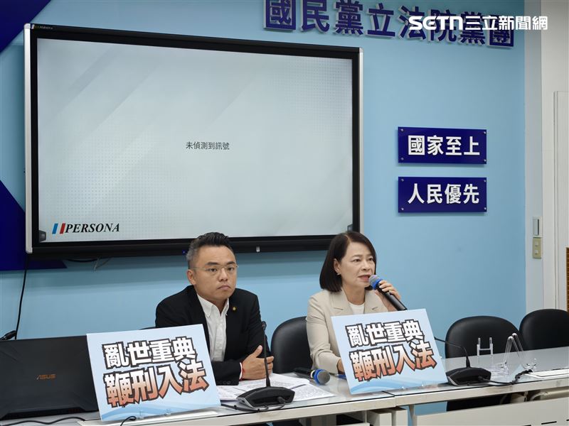 國民黨立法院黨團今天召開「鞭刑入法—重大詐欺、性暴力、毒駕、虐童得宣告強制鞭打!」記者會,由書記長許宇甄、首席副書記長洪孟楷主持。(圖/記者盧素梅攝影)