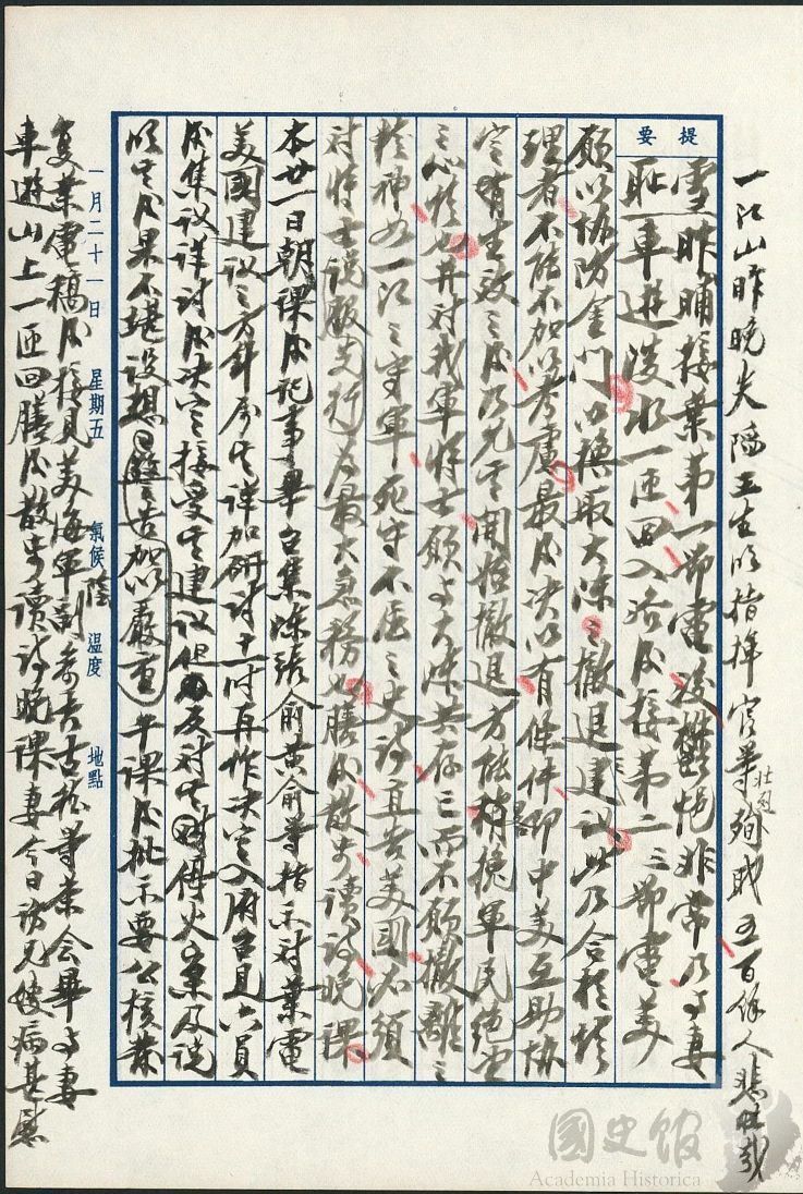 蔣中正日記記事,有關美國願以協防金門以換取大陳之撤退;他控訴「美方違反協防金、馬之諾言」。(圖/國史館提供)