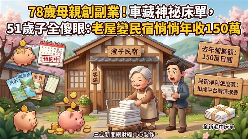 兒子坐上母親的車,發現後座堆滿全新毛巾與床單,一句「明天有客人要來」,才揭開母親低調經營三年的祕密。(圖/三立新聞網財經中心蕭榕AI製圖)