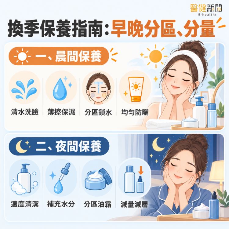 一換季就滿臉粉刺、脫屑!換季保養指南,依序早晚「分區、分量」!。(圖/醫健新聞網提供)