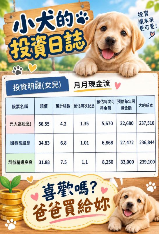 投資達人《小犬的投資日誌》分享:根據手邊資料進行試算,若將資金均勻轉向市場熱門的三檔高股息ETF:元大高股息(0056)、國泰永續高股息(00878)與群益台灣精選高息(00919),能建立起持續性的現金流。(圖/翻攝自《小犬的投資日誌》臉書)
