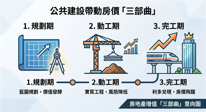 一般重大公共建設對於房地產發展都有「規劃期」、「動工期」、「完工期」三階段帶動區域房地產發展。（圖／翻攝畫面）
