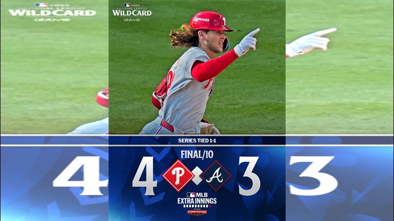 外卡G2費城人以4:3逆轉勇士。(圖/翻攝自X平台 @MLB)