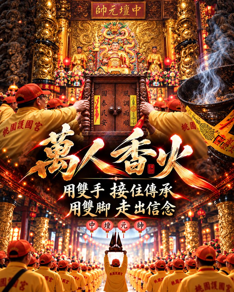 桃園護國宮太子忠孝文化季起駕大典 , 10月10日開放信眾親手接香擔傳平安。(圖/桃園護國宮提供)