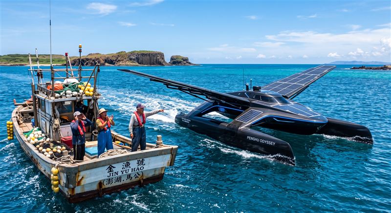 澎湖海域日前出現外型宛如科幻電影中「幽浮」的雙翼神祕船隻,引發漁民熱議。(示意圖/AI生成)