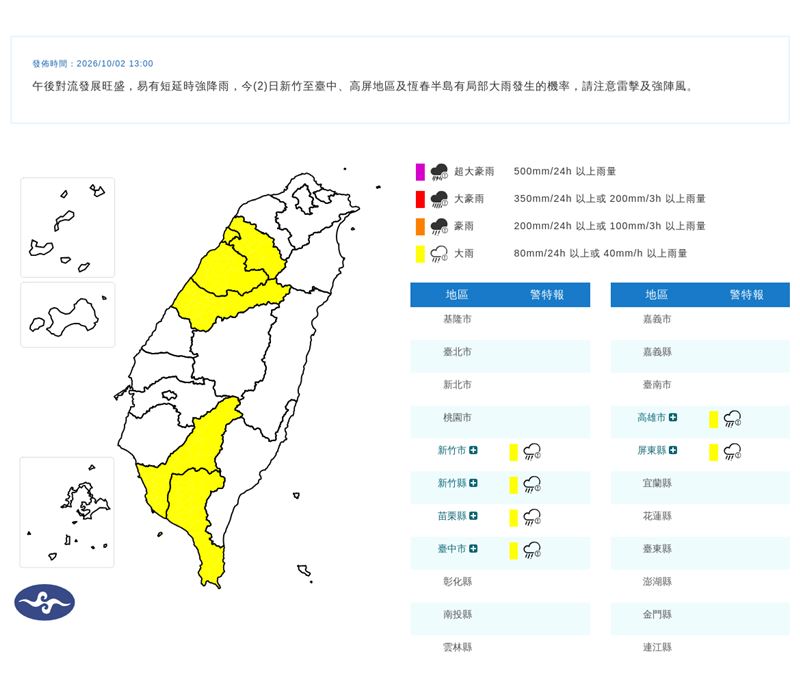 中央氣象署今日下午1時針對6縣市發布大雨特報。(圖/中央氣象署)