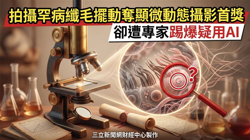 2026年度「動態微觀世界」攝影比賽,由時任中國清華大學研究員徐寧,拍攝下罕見遺傳疾病「原發性纖毛運動障礙」(PCD)兒童的氣道細胞內,纖毛的異常擺動獲獎,但如今卻遭踢爆疑似是AI生成。(圖/三立新聞網財經中心莊佳芳AI製圖)