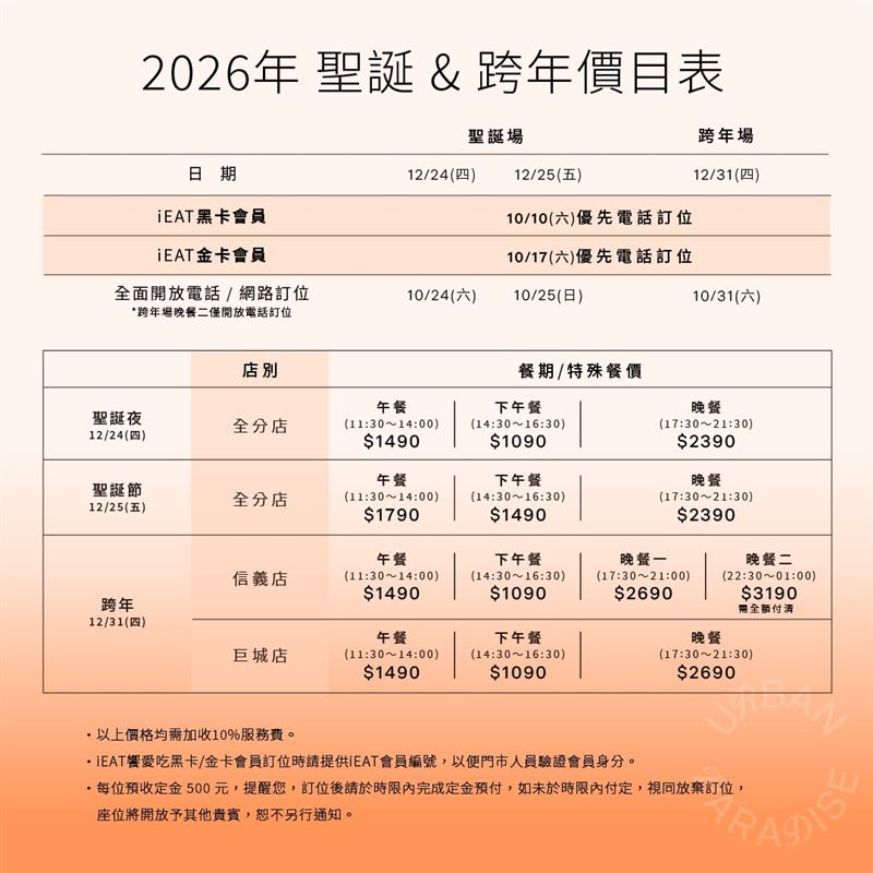 URBAN PARADISE 2026聖誕、跨年訂位資訊。(圖／饗賓集團提供）