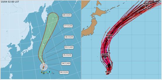 氣象署路徑潛勢預測圖顯示,第26號中颱「彩雲」在關島北方海面,將為半徑300公里的大型颱風,未來大致偏北轉北北東而行,朝日本東方海面前進。歐洲模式系集模擬顯示,大致以偏北轉北北東的機率最高。(圖/擷自tropical tidbits)