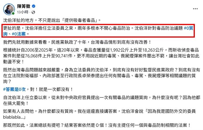 國民黨立委陳菁徽宣稱沈伯洋0質詢毒品防制議題。(圖/翻攝自陳菁徽臉書)