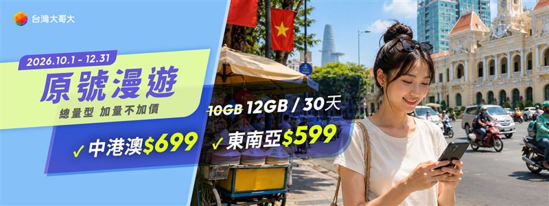 針對連假短遊族群，台灣大推出中港澳10GB升級12GB，只要699元優惠。（圖／台灣大提供）