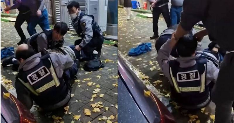 南韓釜山一名員警在執法時假髮不慎脫落,所幸有熱心路人幫忙戴回,守住他的尊嚴。(圖/翻攝自韓網)
